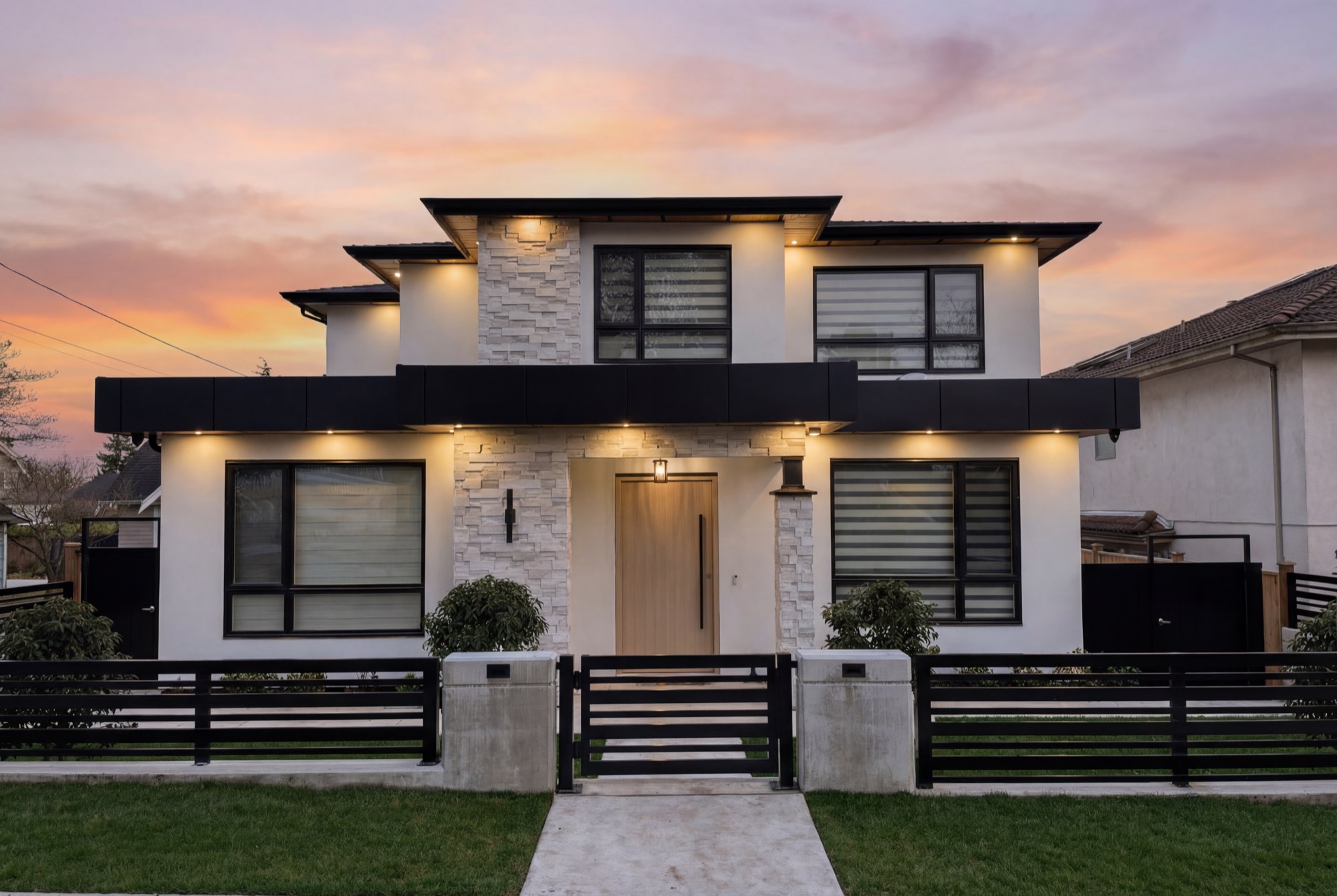 Modern Oakcrest home at dusk